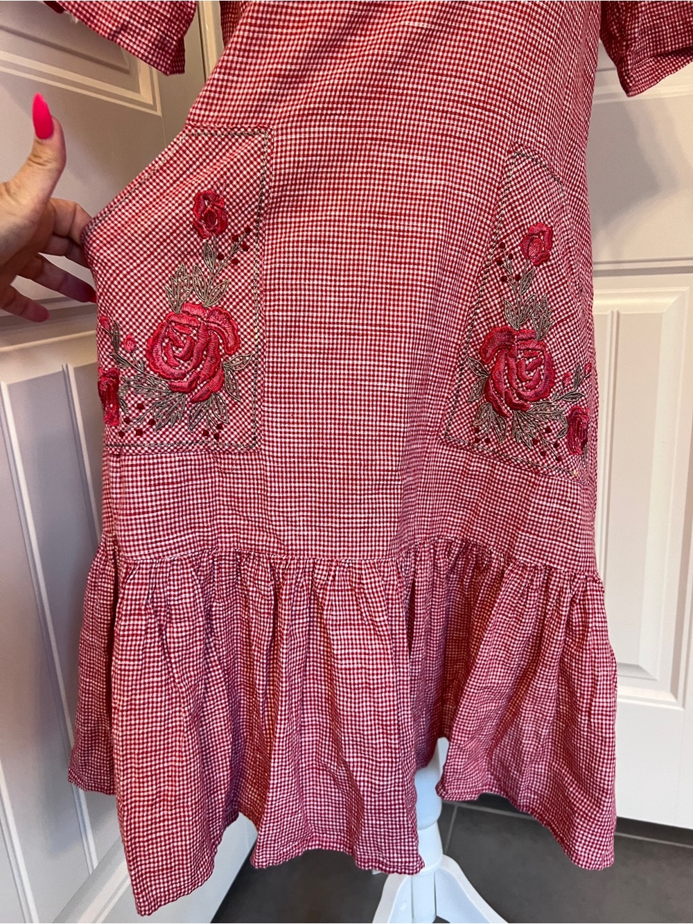 Bombay Paisley Women's Red Midi Gingham Dress with Rose Embroidery Pockets XS - Picture 5 of 16